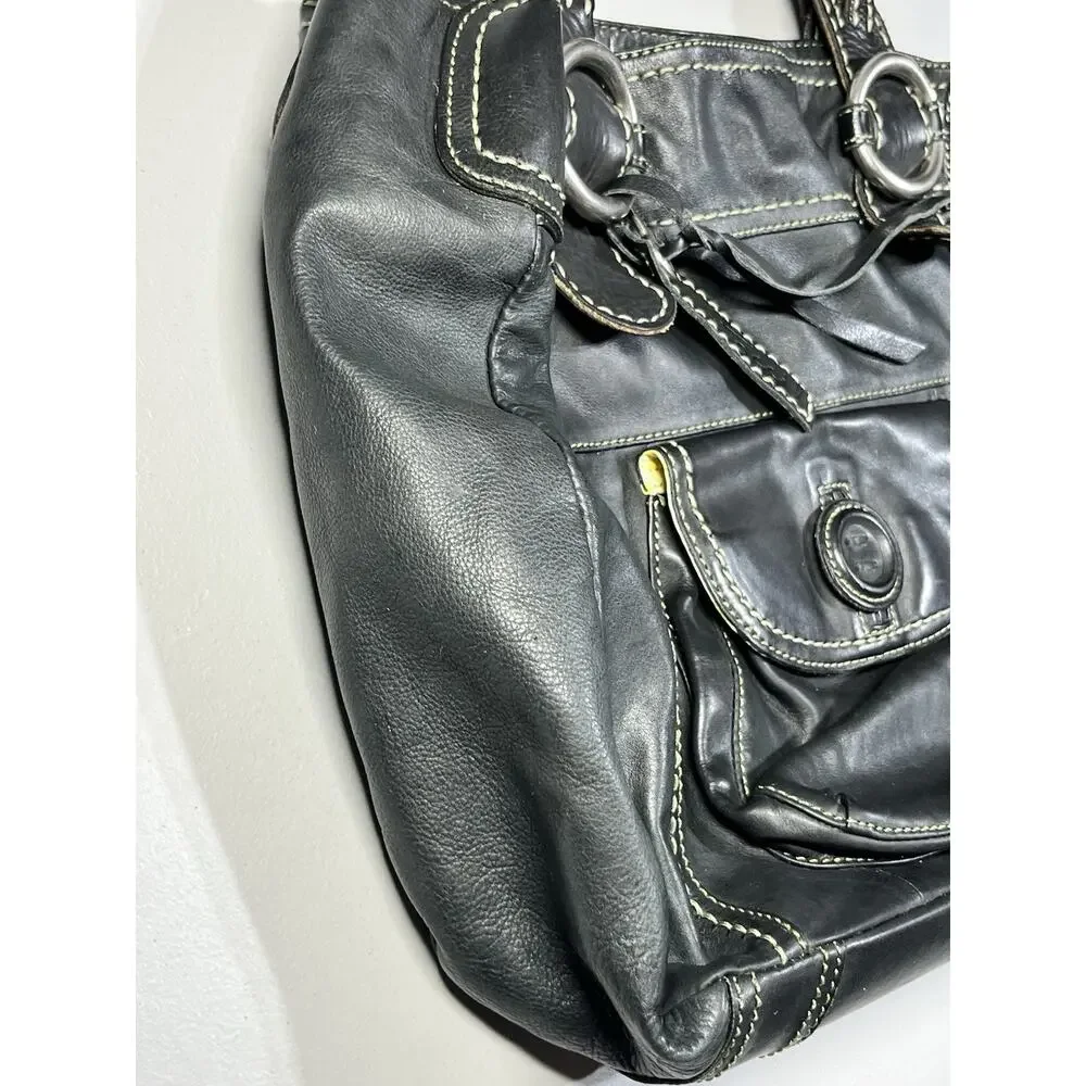 Fossil Leather Handbag Shoulder Tote Bag Black Large Braided Straps Key Charm - Picture 6 of 16